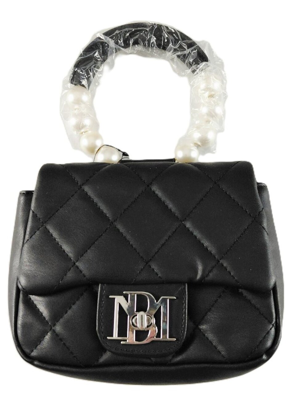 Badgley Mischka Pearl Handle Black Quilted Faux Leather Crossbody Bag